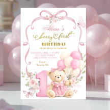 Pink Floral Bow Coquette Beary First Birthday