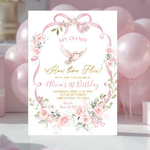 Pink Floral Bow Coquette Bird 1st Birthday Invitation