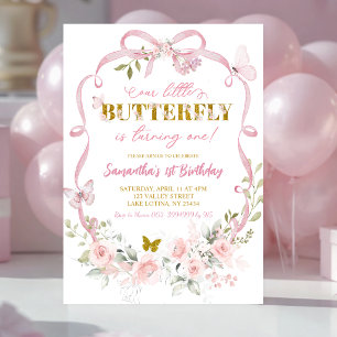 Pink Floral Bow Coquette Butterfly 1st birthday In Invitation