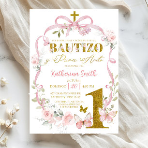 Pink Floral Bow Coquette Butterfly Spanish Baptism Invitation