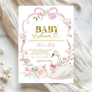 Pink Floral Bow Coquette Crowned Swan Baby Shower Invitation