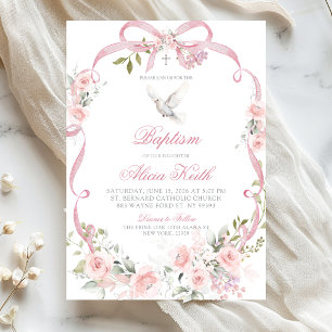 Pink Floral Bow Coquette Dove Baptism Invitation