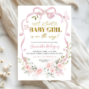 Pink Floral Bow Coquette Sweet Baby Girl Baby Show Invitation