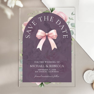 Pink Floral Bow Dusty Purple Wedding Save the Date Acrylic Invitations