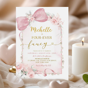 Pink Floral Bow Four-ever fancy 4th Birthday Invitation