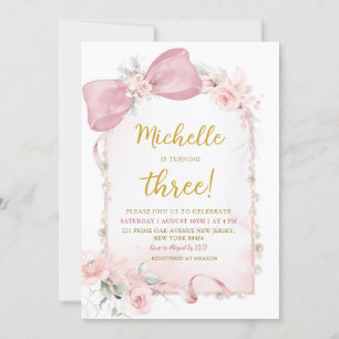 Pink Floral Bow Girl 3rd Birthday Invitation