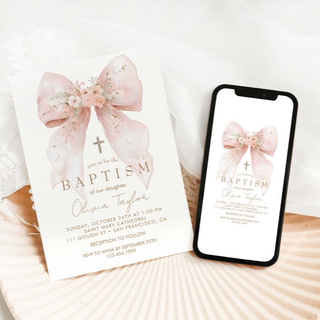 Pink Floral Bow Girl Baptism Invitation (Creator Uploaded)