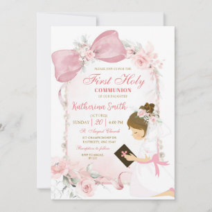 Pink Floral Bow Girl First Holy Communion Invitation
