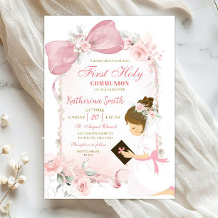 Pink Floral Bow Girl First Holy Communion Invitation