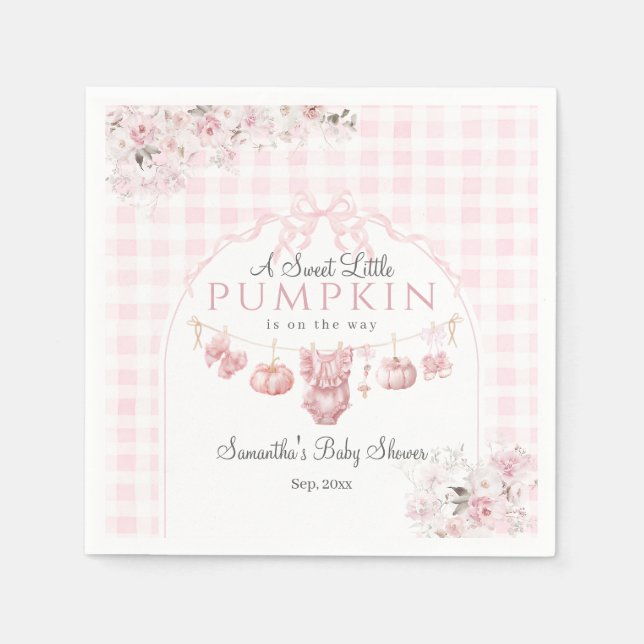 Pink Floral Bow Little Pumpkin Girl Baby Shower Napkin (Front)