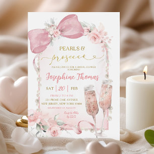 Pink Floral Bow Pearls and Prosecco Bridal Shower Invitation