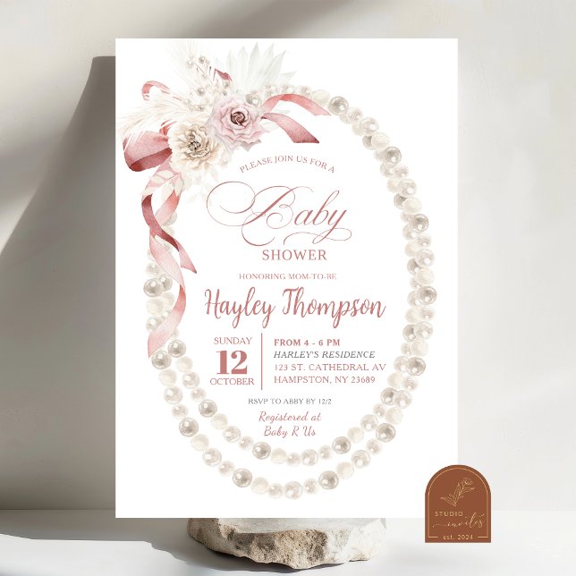 Pink Floral Bow Pearls Baby Shower Invitation (Creator Uploaded)