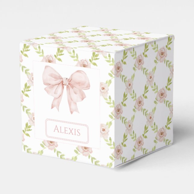 Pink floral bow ribbon baby girl gift favour boxes (Front Side)