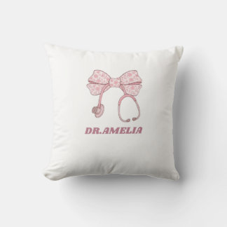 Pink Floral Bow Stethoscope Doctor Name Design Cushion