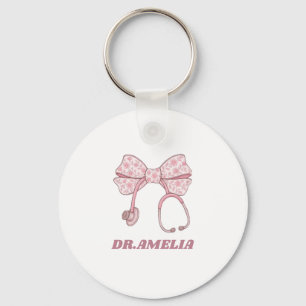 Pink Floral Bow Stethoscope Doctor Name Design Key Ring