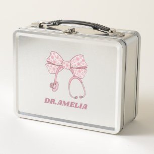 Pink Floral Bow Stethoscope Doctor Name Design Metal Lunch Box