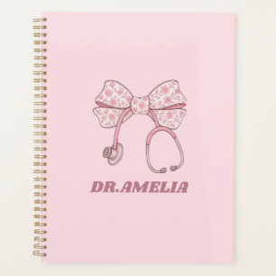Pink Floral Bow Stethoscope Doctor Name Design Planner