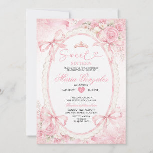 Pink Floral Bow Sweet Sixteen Birthday Invitation