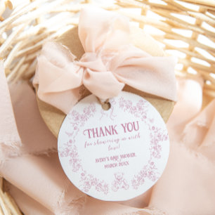 Pink Floral Bow Toile Teddy Bear Baby Shower Favour Tags