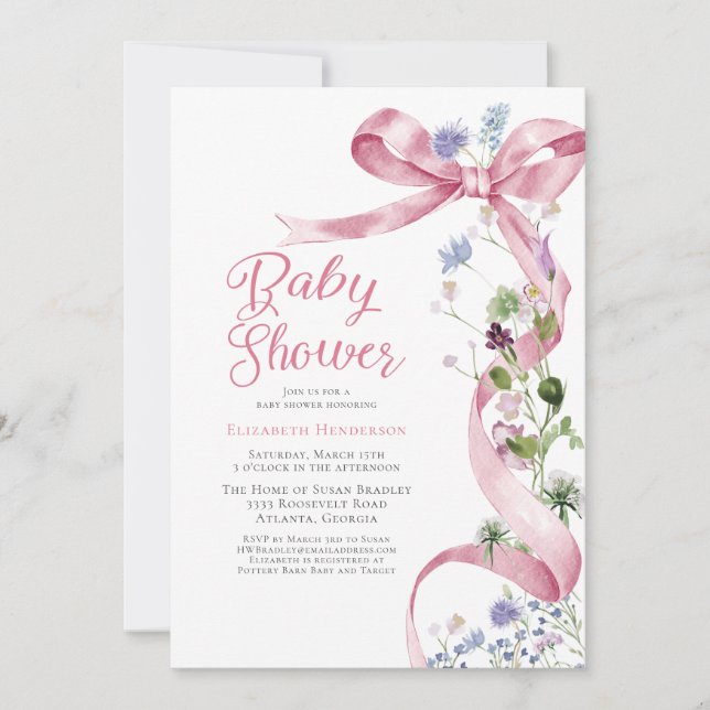 Pink Floral Bow Wildflower Baby Shower Invitation (Front)