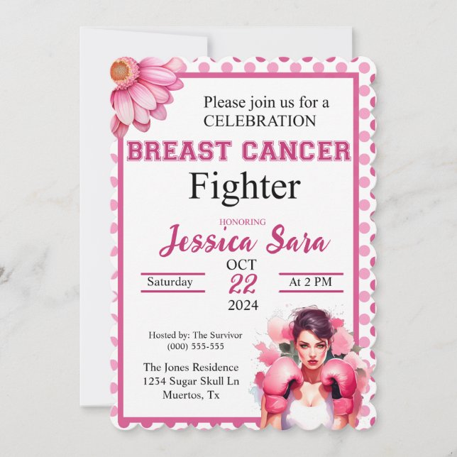 Pink Floral Boxing Cancer Awareness Invitation (Front)
