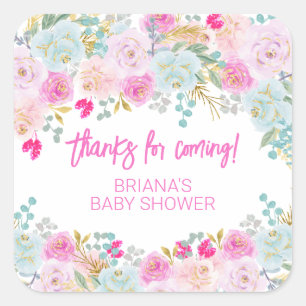 Pink Floral Boy Baby Shower Favours Square Sticker