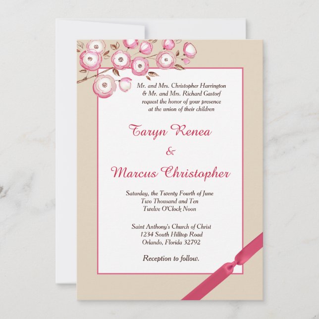 Pink Floral Branch 5x7 Wedding Invitation (Front)