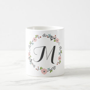 Pink Floral Branch Wreath   Monogram Mug