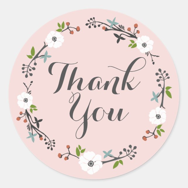 Pink Floral Branch Wreath | Thank you Sticker (Front)