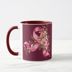Pink Floral Breast Cancer Awareness Ribbon Mug