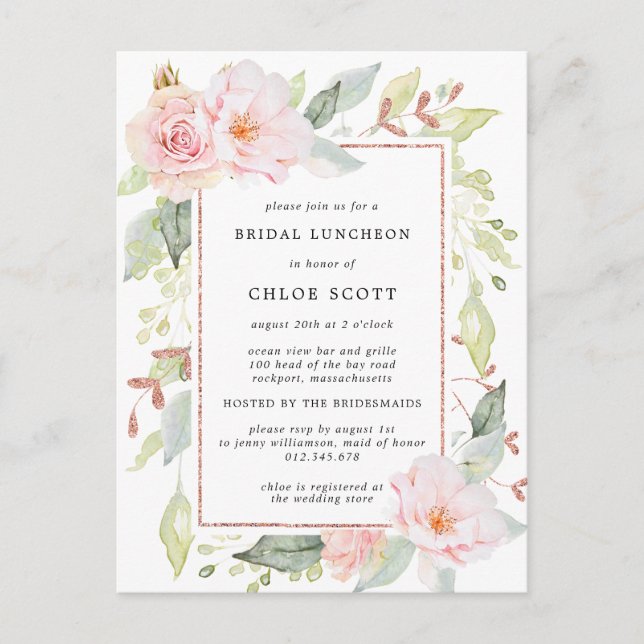 Pink Floral Bridal Luncheon Invitation Postcard (Front)