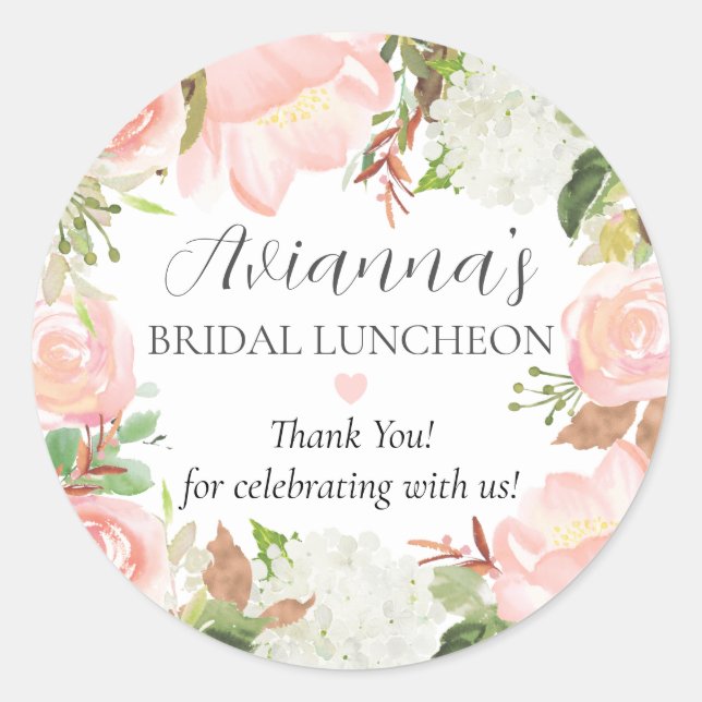 Pink Floral Bridal Luncheon Thank You Favour Classic Round Sticker (Front)