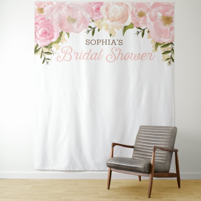 Pink Floral Bridal Shower Backdrop Photo Prop Tapestry (In Situ)
