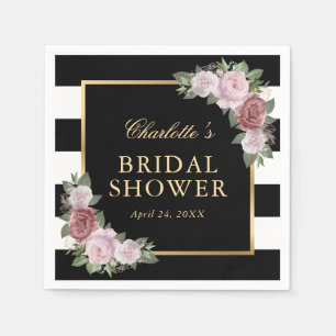 Pink Floral Bridal Shower Black and White Striped Napkin