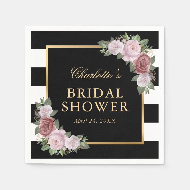 Pink Floral Bridal Shower Black and White Striped Napkin (Front)