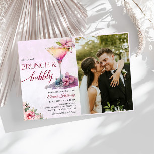 Pink Floral Bridal Shower Brunch and Bubbly Photo Invitation