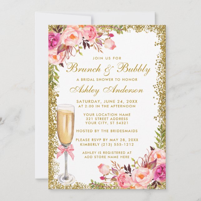 Pink Floral Bridal Shower Brunch Bubbly Glitter Invitation (Front)