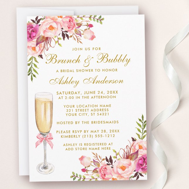 Pink Floral Bridal Shower Brunch Bubbly Gold Invitation (Customize to change text color, style or text size.)