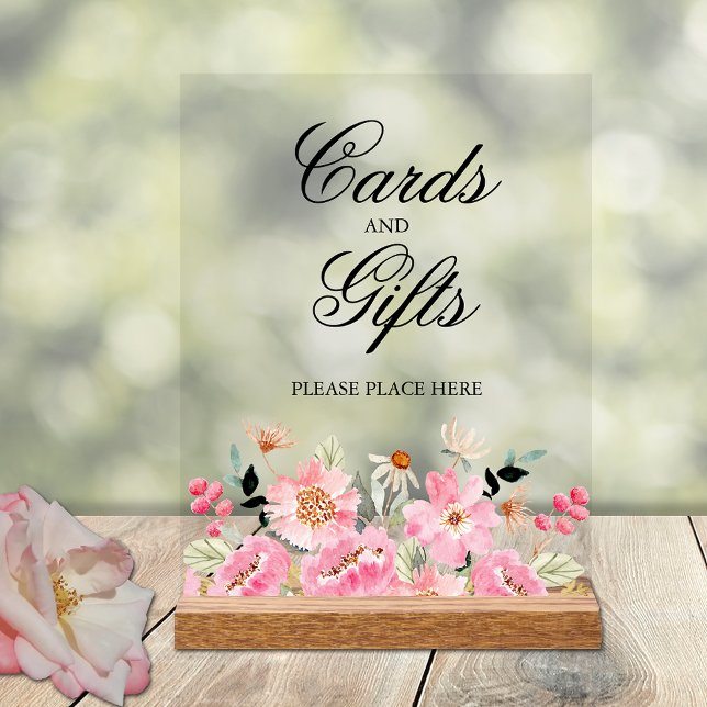 Pink Floral Bridal Shower Cards and Gifts Acrylic Sign (Pink floral bridal shower Cards and Gifts tabletop acrylic sign)