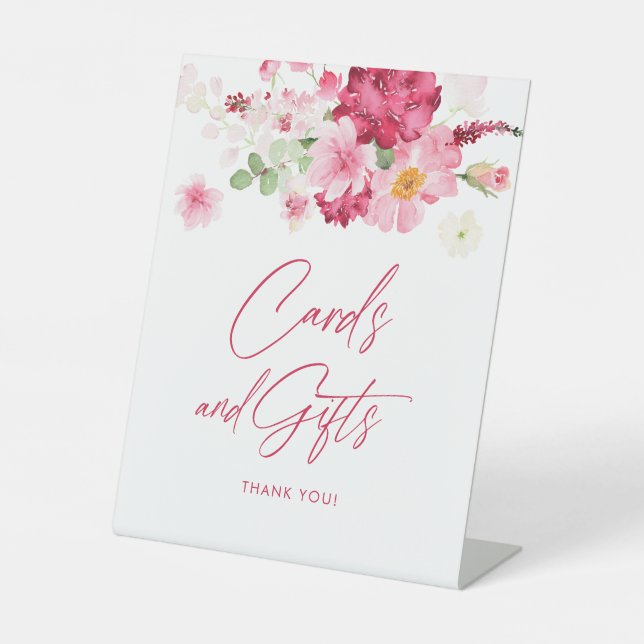 Pink Floral Bridal Shower Cards and Gifts Pedestal Sign (Front)