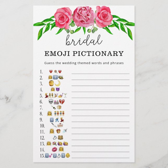 Pink floral bridal shower emoji pictionary game (Front)