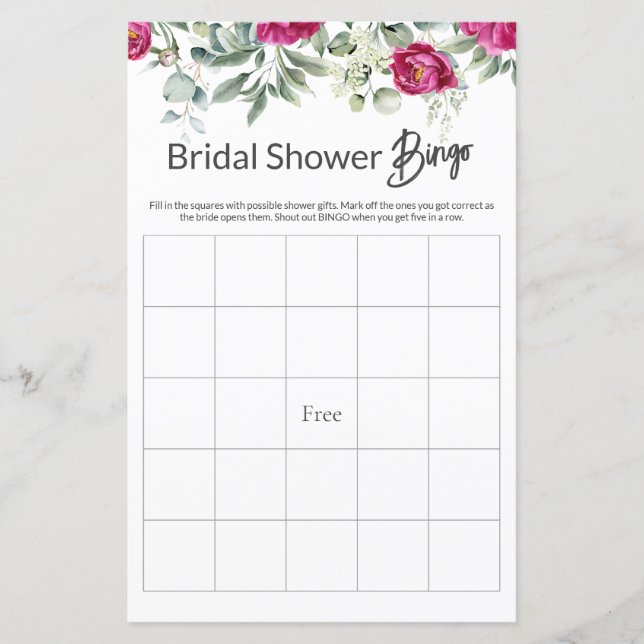 Pink Floral Bridal Shower Game BINGO (Front)