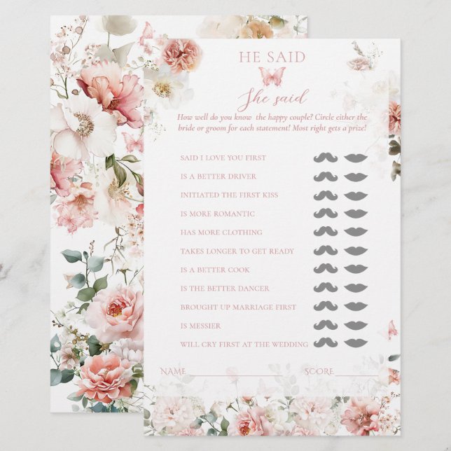 Pink Floral Bridal Shower He said, She said Game (Front/Back)