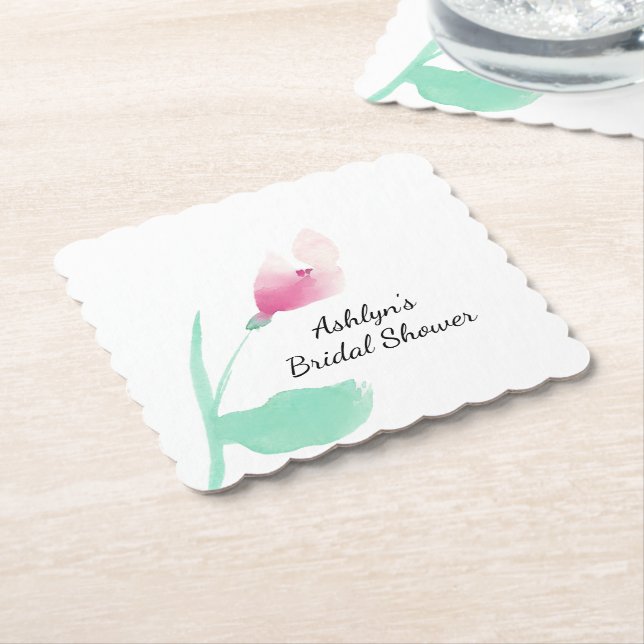 Pink Floral Bridal Shower Paper Coaster (Angled)