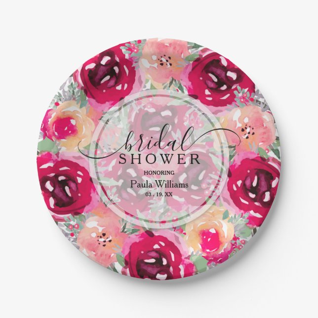 Pink Floral Bridal Shower Paper Plate (Front)