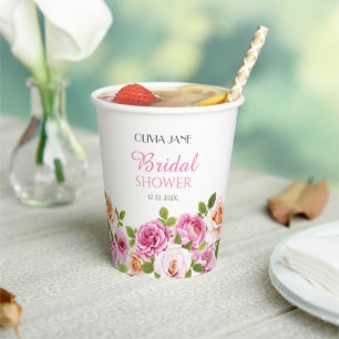Pink Floral Bridal Shower Petals and Prosecco Paper Cups