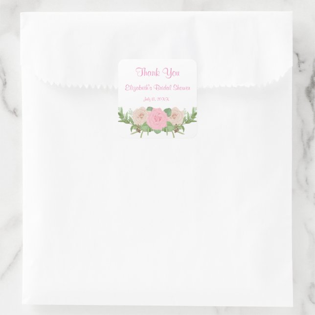 Pink Floral Bridal Shower Square Sticker (Bag)