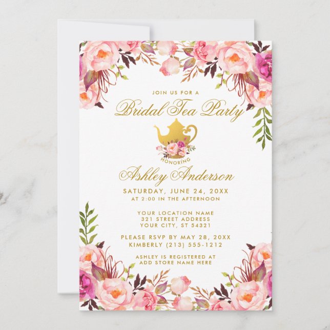 Pink Floral Bridal Shower Tea Party Gold Invitation (Front)