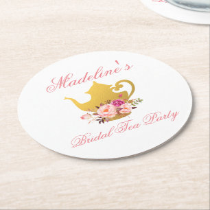 Pink Floral Bridal Shower Tea Party Round Paper Coaster