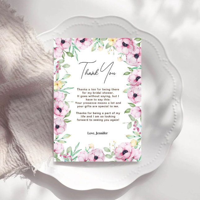Pink Floral Bridal Shower Thank You Card (Creator Uploaded)